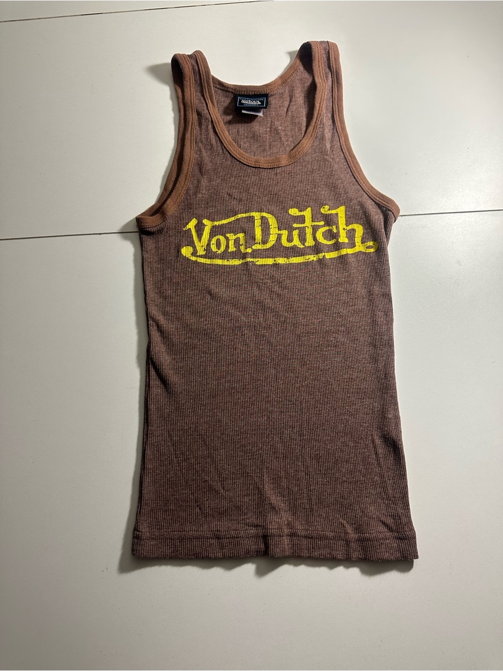 Von Dutch Brown Ribbed Tank with Yellow Logo
